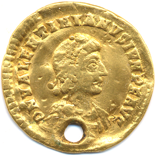 Obverse of gold solidus of Emperor Valentian (378–392), found in an Anglo-Saxon grave of the sixth century at Droxford, Hampshire; EMC 2004.0103; now owned by Rory Naismith; image copyright Rory Naismith, reproduced with permission