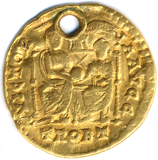 Reverse of gold solidus of Emperor Valentian (378–392), found in an Anglo-Saxon grave of the sixth century at Droxford, Hampshire; EMC 2004.0103; now owned by Rory Naismith; image copyright Rory Naismith, reproduced with permission