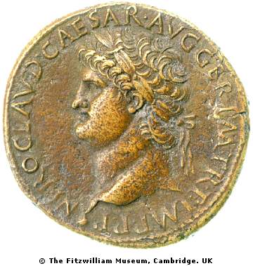 oricalchum sestertius of Lugdunum in name of Emperor Nero (54–68), 64X66, CM.CH.8-R, Christ's College Loan, copyright Fitzwilliam Museum, Cambridge