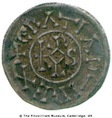 Obverse of silver denier of Courcessin struck for King Charles the Bald of West Francia (840–877), CM.QC.5361-R, from the Queen's College Loan, copyright Fitzwilliam Museum, Cambridge