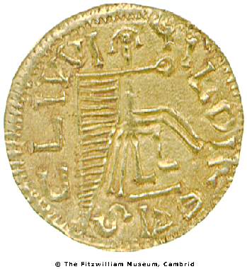 reverse of gold tremissis of uncertain mint in name of King Leovigild of the Visigoths, PG.10962, copyright the Fitzwilliam Museum, Cambridge