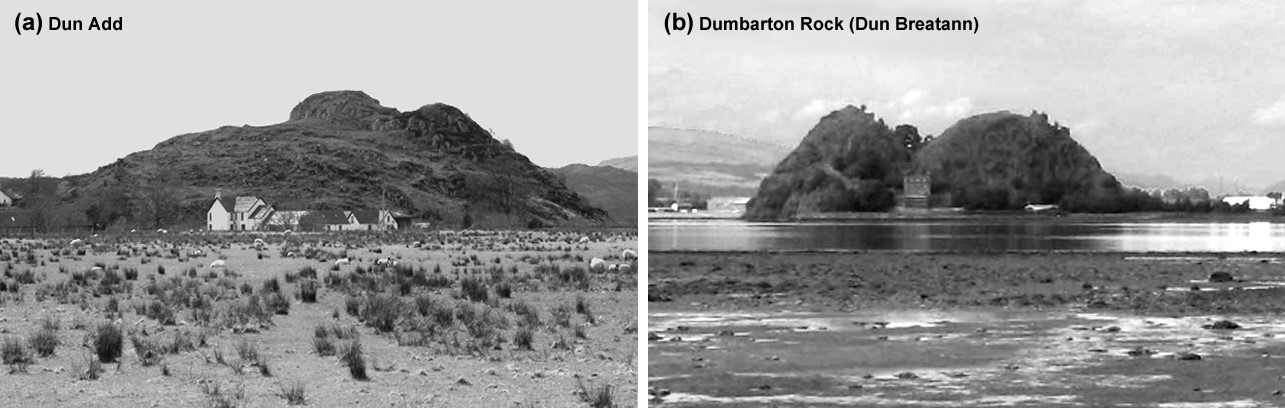 Plate 1. (a) Dun Add from the East. (b) Dumbarton Rock from across the Clyde.