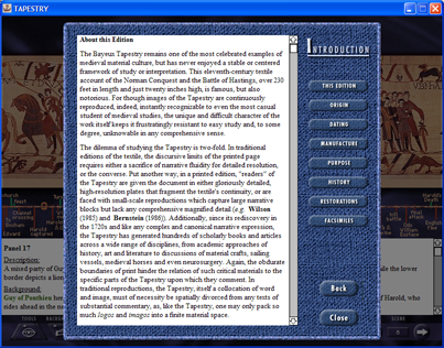 Screenshot showing introduction appearing in a separate window in the Bayeux Tapestry: Digital edition. Reduced 50%.